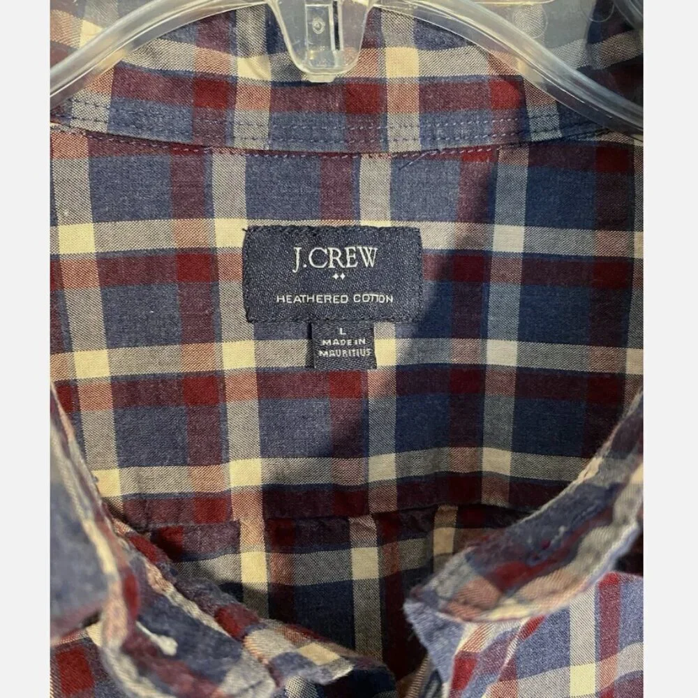 J.Crew Men's Heathered Cotton Blue Red White Plaid Pocket Button Up Shirt Size L